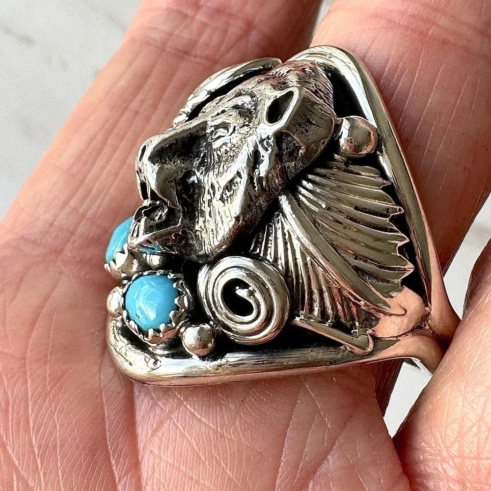 Bear Head Navajo‎ Kingman Turquoise Mens Ring Sz 14 Sterling Signed Sanders